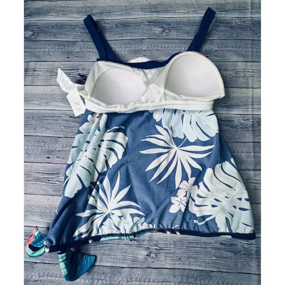 Maxine of Hollywood Navy Hula Leaf Tankini Swim Bandeau Top Size 10 Side Tie - Picture 9 of 11